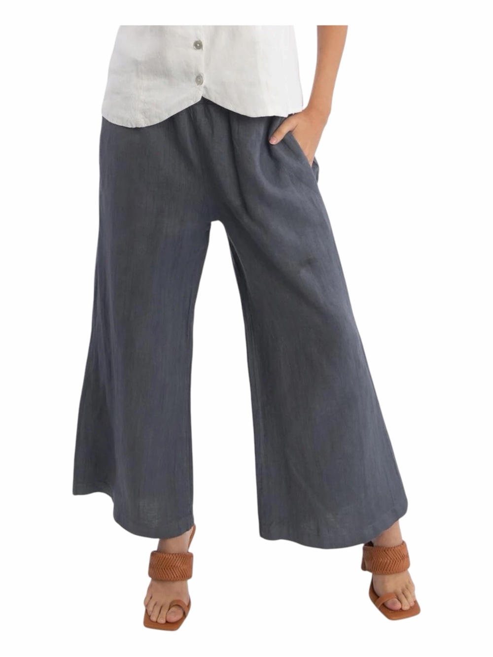 Luna Luz Slate Blue 100% Linen Wide Leg High Rise Crop Ankle Pants Size Small